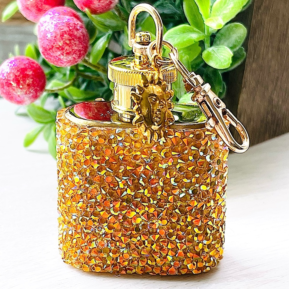 MINI FLASK crystal encrusted keyring IRIDESCENT keyfob CELESTIAL mini flask GOLD
